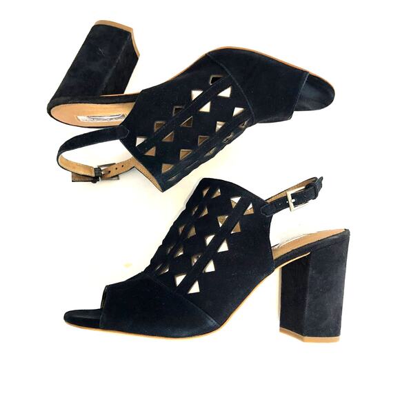 Halogen- Black Suede Laser Cut Out Open Toe Block Heel Sandals-10M - Picture 1 of 9